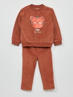 Kiabi Baby 2-Piece Fleece Outfit 12 Months Brown Tiger Sweatshirt Pants Set
